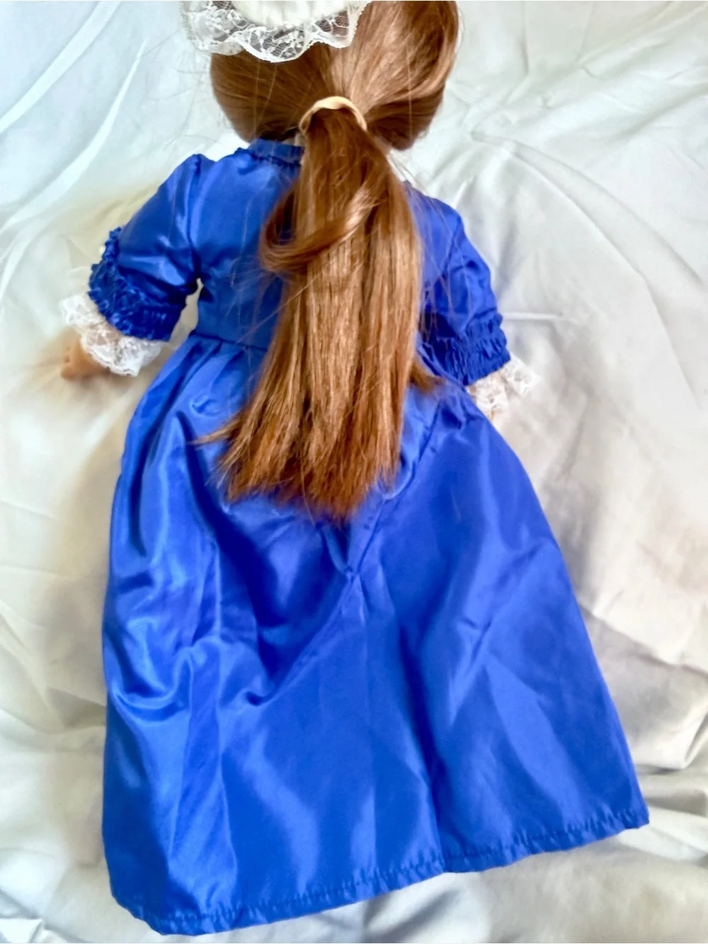 American Girl Felicity 18” Doll Green Eyes Auburn Hair Blue Colonial Dress Bonne